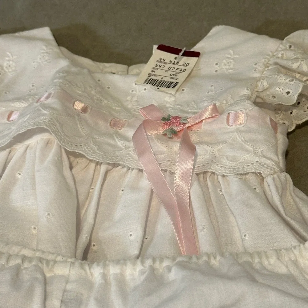 Vintage‎ Baby Girl White Eyelet Lace Dress Bloomers Set Pink Ribbon 12 Months